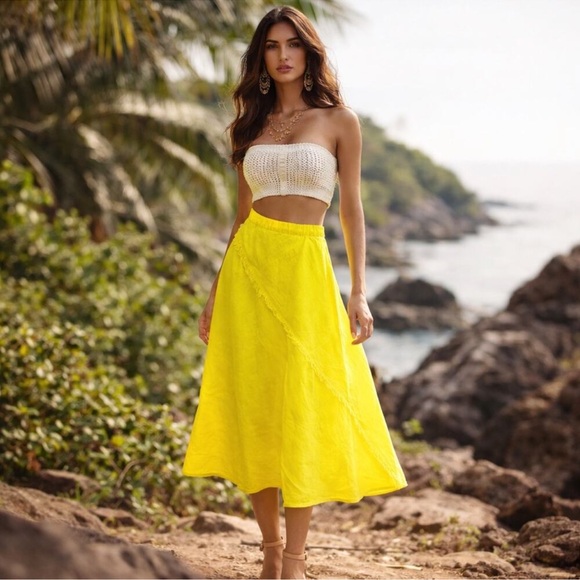 🆕DKNY Yellow Linen Fringe-Trim Midi Skirt - Picture 15 of 15